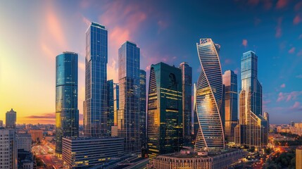 Fototapeta na wymiar A panoramic view of a modern city skyline at twilight, with lights beginning to twinkle in the buildings. 