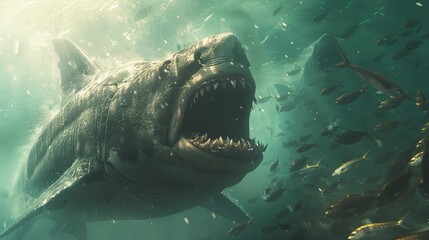 Fototapeta premium Enormous Megalodon Shark Hunting Amidst a School of Fish in the Deep Abyss, Teeth Bared, Portraying a Scene of Underwater Chaos.