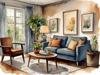Cozy Living Room Watercolor Art
