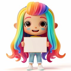 A cute 3D female character with long, colorful hair styled in a rainbow pattern, smiling and holding a sign that equality,There are no letters or text on the sign, isolated on a white background