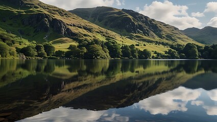 Fototapeta premium image shows a lake in a valley. The sky is blue