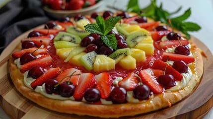 Homemade fruit pizza topped with strawberries cherries cream jelly pineapple kiwi and fresh mint leaves displayed on a wooden cutting board in a close up dessert setting
