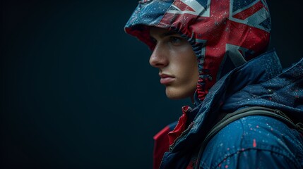 Fashion model - fashion inspired by British flag - Union Jack - stylish - side-profile  - blue background - England 