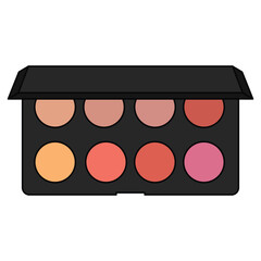 Eyeshadow palette. Black plastic square case with nine colorful powder matte, glitter round samples. Top view makeup box isolated on white background. Vector beauty product template.