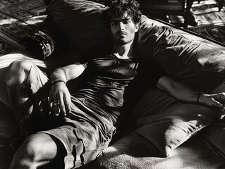 Young man lounging on couch in sunlight