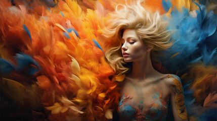 Illustration of a beautiful woman asleep on a bed of colorful pillows. Her dress is painted onto her skin. Dream-like and surreal. Copy space.