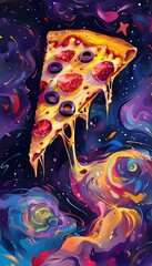 Cosmic Pizza Slice Dripping with Melted Cheese in a Psychedelic Surreal and Vibrant Interstellar Universe