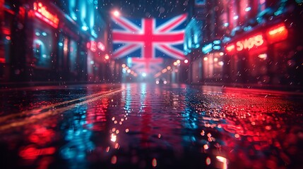 Union Jack flag hung on street - parade - downtown - celebrate - British - England 
