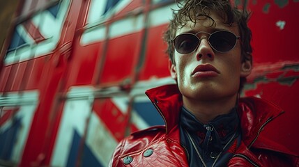 Fashion model - fashion inspired by British flag - Union Jack background  - stylish - sunglasses 