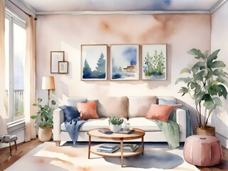 Cozy Living Room Watercolor Art