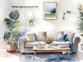 Cozy Living Room Watercolor Art