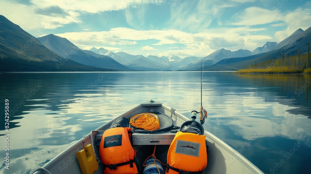 Wall mural a peaceful boat scene with two life jackets and fishing gear aboard, floating on a calm lake surroun - Wall murals