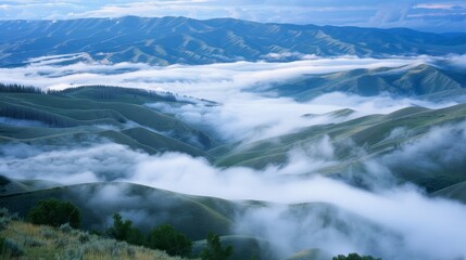 A landscape of rolling hills and valleys covered in a thick blanket of clouds like a sea of fog.