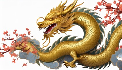 A gold dragon with red flowers on its back