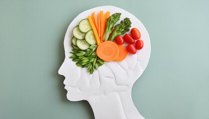 Head human brain made of variety of colorful vegetables, concept of vegetarian, vegan, healthy nutrition, created with Generative AI