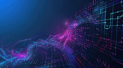 Obraz premium An abstract hightech background with circuit board textures, smooth flowing waves, and a quantum explosion in neon colors, leaving space for text