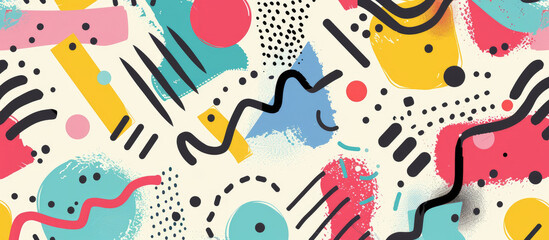 Abstract background with circle, square and triangle shapes and colorful patterns in Memphis style
