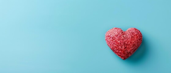 Red heart-shaped object on a light blue background, symbolizing love and romance. Perfect for Valentine's Day, wedding, or romantic themes.