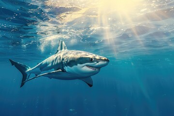 Fototapeta premium white shark under water on the sea hunting victim 