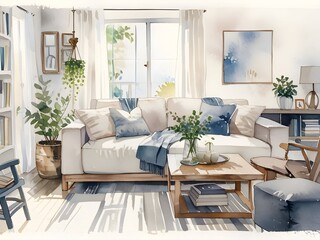 Cozy Living Room Watercolor Art