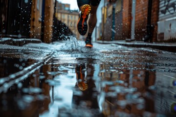 A person running in the rain with their feet splashing water generated by AI