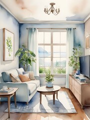 Cozy Living Room Watercolor Art