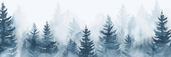 Fototapeta premium watercolor seamless misty pine forest, with very soft colors of light blue and gray on a white backgroun.