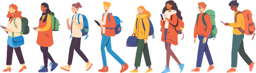 Group of College Students in Warm Casual Attire Walking and Reading