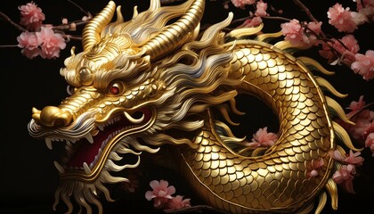 Fototapeta premium The golden Chinese dragon on a black background.