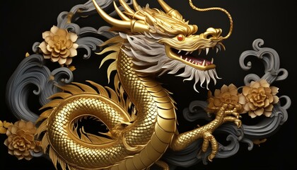 The golden Chinese dragon on a black background.