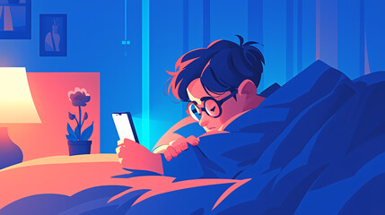 Children look at mobile phones in bed at night World Sleep Day World Eye Care Day concept illustration
