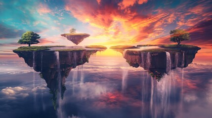 A surreal 3D landscape of floating islands with waterfalls cascading into the abyss, set against a vivid sunset sky. 32k, full ultra hd, high resolution - Powered by Adobe