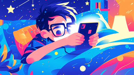 Children look at mobile phones in bed at night World Sleep Day World Eye Care Day concept illustration
