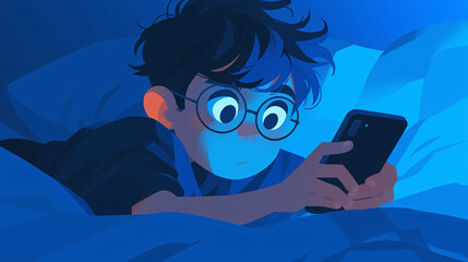 Children look at mobile phones in bed at night World Sleep Day World Eye Care Day concept illustration
