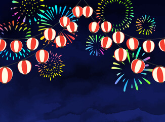 花火とお祭り提灯の背景素材イラスト © kuromily