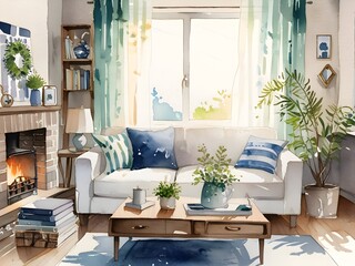 Cozy Living Room Watercolor Art