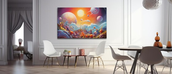Modern dining area with futuristic space-themed artwork, featuring white chairs, wooden table, and elegant decor in a bright room.
