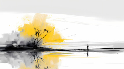white and yellow style ink painting landscape illustration abstract background decorative painting