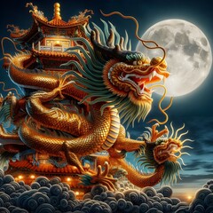 Obraz premium A large gold dragon is sitting on a building with a full moon in the background