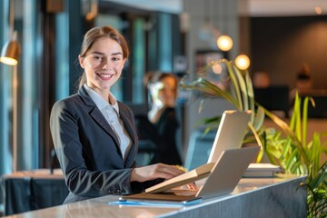 The receptionist at the front desk of the company is very happy when working in front of the computer, smiling and cooperating.