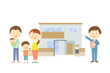 Obraz premium 二階建て住居を4人家族に勧める不動産会社の男性のイラスト