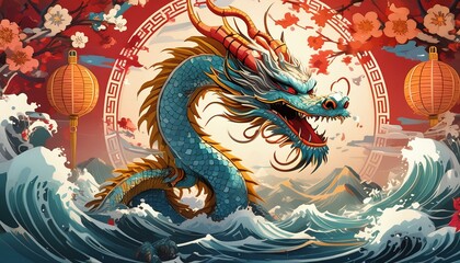 A fierce Chinese dragon wrapped around a pagoda, its scales shimmering in gold and red, with a backdrop of a moonlit night