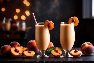 Healthy fresh peach fruit smoothing juice nectar in glass with whole fruit