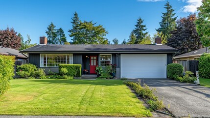 A house with a red door and a white garage