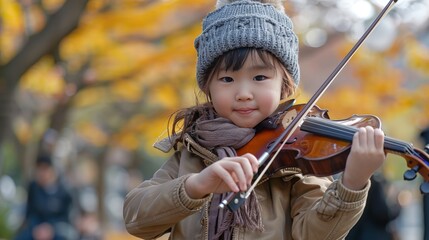 Fototapeta premium A young girl is holding a violin and smiling