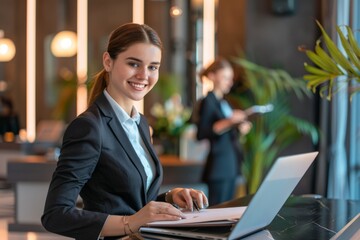 The receptionist at the front desk of the company is very happy when working in front of the computer, smiling and cooperating.