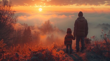 Father and son holding hands watching a beautiful sunset.