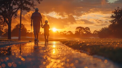 Father and son walking in the park at sunset.