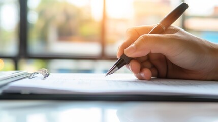 A close-up photo of a person's hand holding a pen poised over a notepad, capturing the act of note-taking and idea generation.