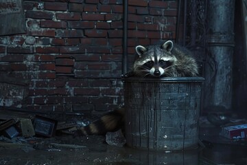 Nocturnal Raccoon Causing Mischief by Tipping Over a Trash Can in an Urban Alley, City Lights Reflecting Chaos.
